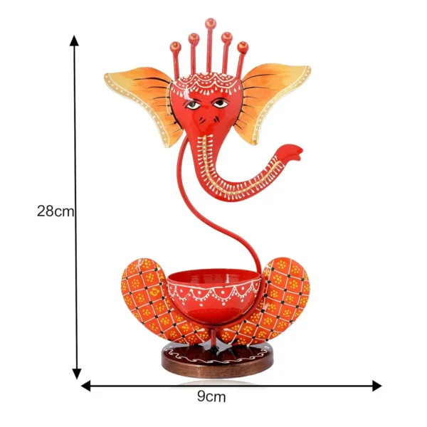 Orange Metal Ganesh T-Lite Hand Painted For Table Top Decor Decorative Showpiece