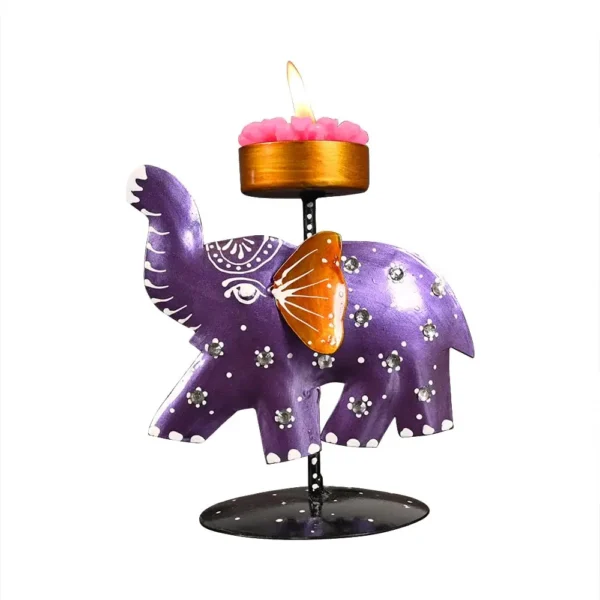 Purple Metal Elephant Hand Painted Tealight Candle Holder For Living Room Decorative Showpiece For Home Decor