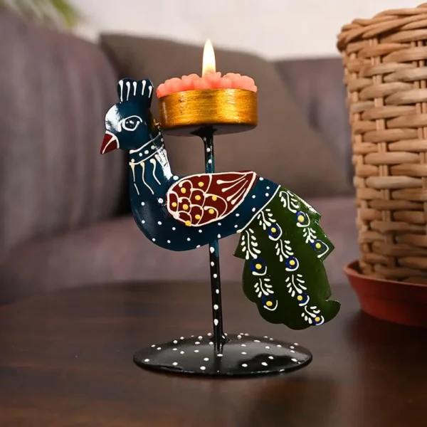 Purple Metal Peacock Hand Painted Tealight Candle Holder For Living Room Decorative Showpiece For Home | Office | Anniversary Gifts | Wedding Gifts
