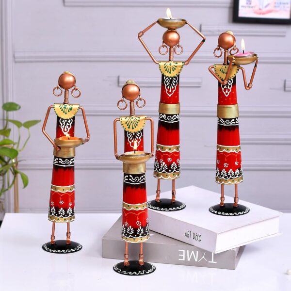 Red Metal Set Of 4 Rajasthani Tribal Majdoor Ladies Hand-Painted Tea Light Holder Cum Showpiece For Home, Office and Gift Item