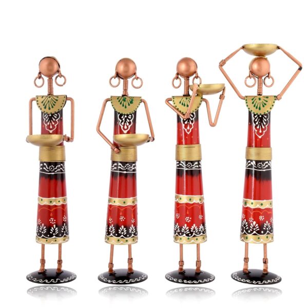 Red Metal Set Of 4 Rajasthani Tribal Majdoor Ladies Hand-Painted Tea Light Holder Cum Showpiece For Home, Office and Gift Item