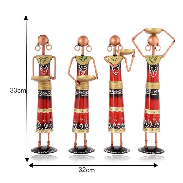 Red Metal Set Of 4 Rajasthani Tribal Majdoor Ladies Hand-Painted Tea Light Holder Cum Showpiece For Home, Office and Gift Item
