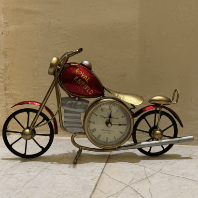 Royal Enfield Vintage Metal Bike Table Clock – Antique Red Home Décor Showpiece