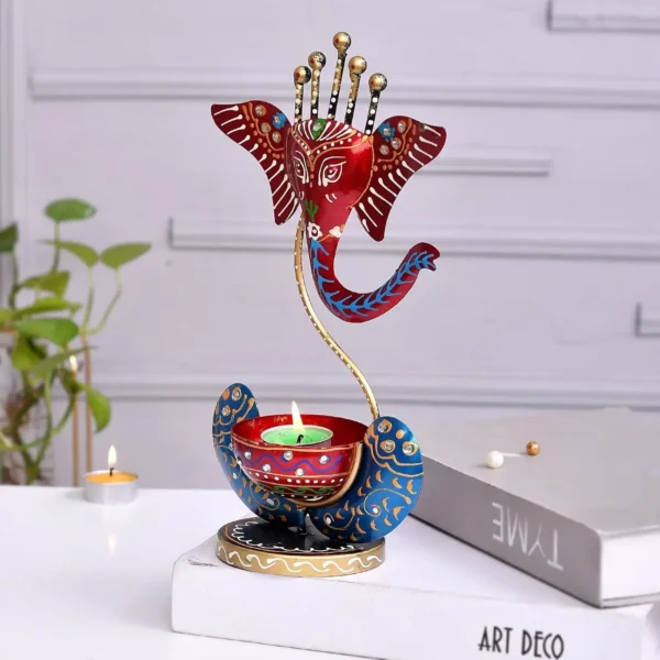 Hand-Painted Red Metal Ganesh Idol Tealight Candle Holder