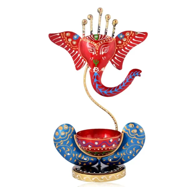 Hand-Painted Red Metal Ganesh Idol Tealight Candle Holder