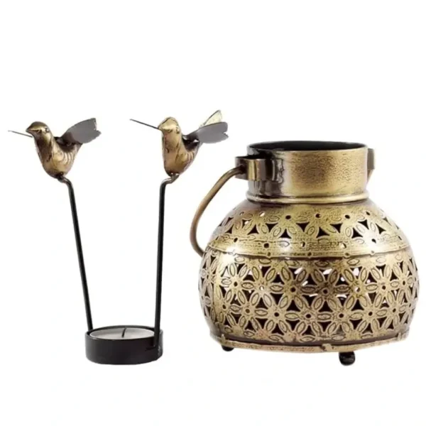 Handcrafted Metal Mini Bird Lantern Antique Gold Plated Iron Dhoop T-Light Holder Showpiece for Home And Garden Decor