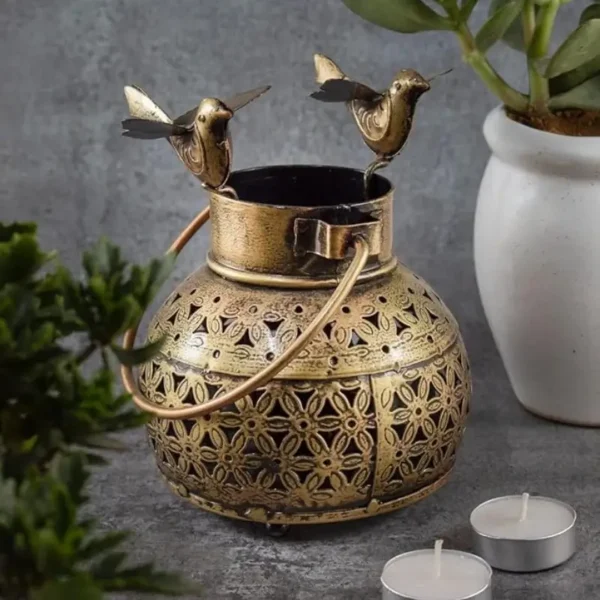 Handcrafted Metal Mini Bird Lantern Antique Gold Plated Iron Dhoop T-Light Holder Showpiece for Home And Garden Decor