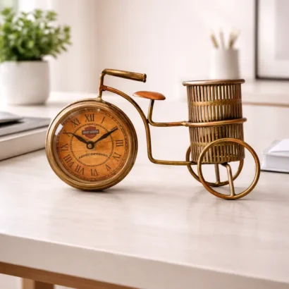 Handcrafted metal bicycle pen holder with desk clock