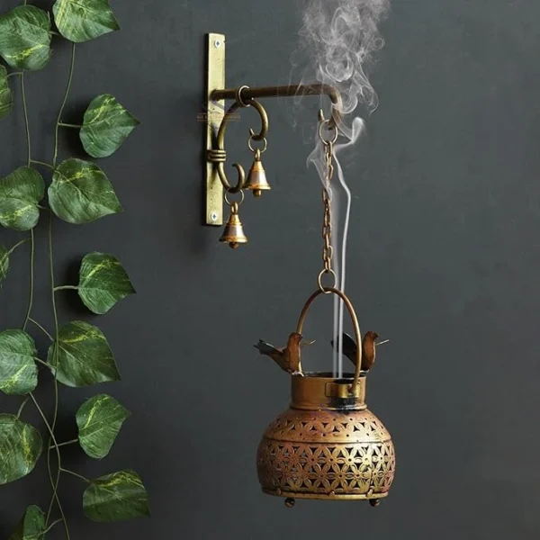 Metal Mini Wall Hanging Bird Lantern Antique Gold Plated Iron Dhoop T Light Holder with Hook, Bell and Chain for Home And Garden Decor
