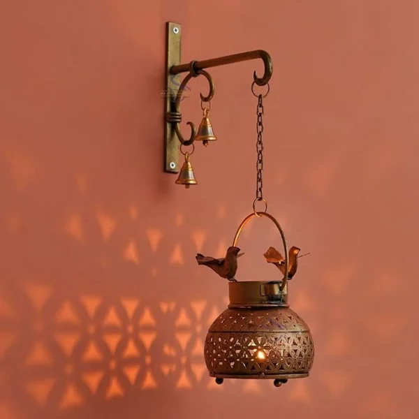 Metal Mini Wall Hanging Bird Lantern Antique Gold Plated Iron Dhoop T Light Holder with Hook, Bell and Chain for Home And Garden Decor