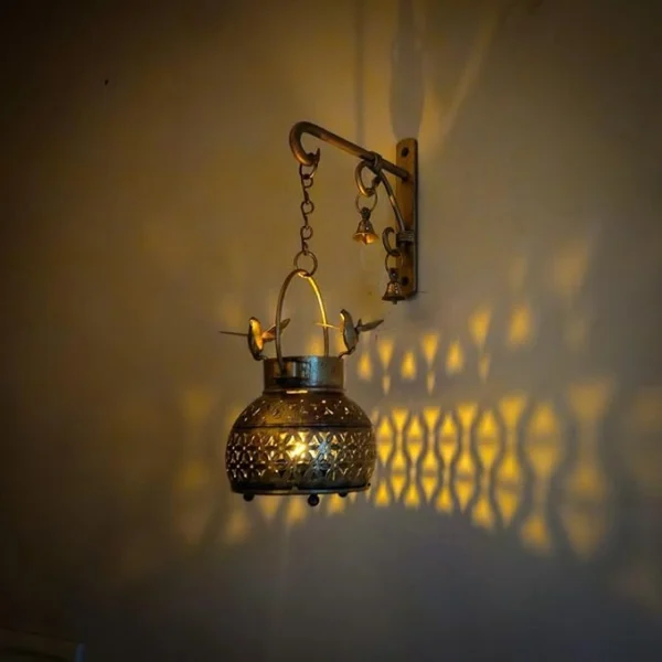 Metal Mini Wall Hanging Bird Lantern Antique Gold Plated Iron Dhoop T Light Holder with Hook, Bell and Chain for Home And Garden Decor