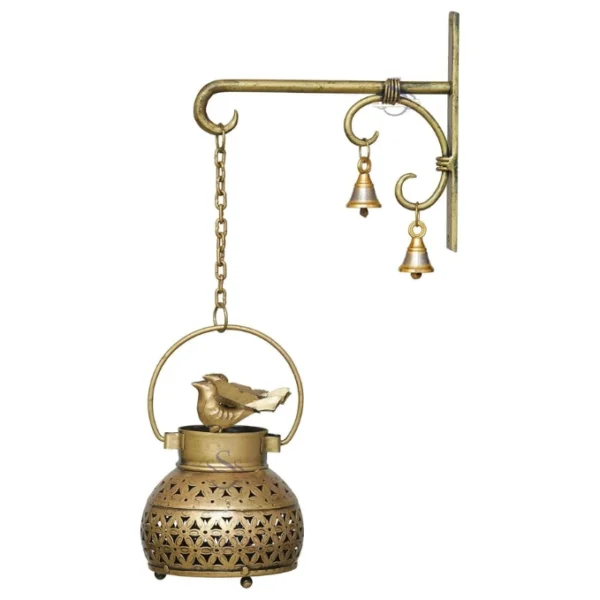 Metal Mini Wall Hanging Bird Lantern Antique Gold Plated Iron Dhoop T Light Holder with Hook, Bell and Chain for Home And Garden Decor