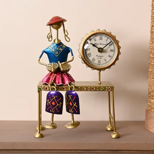 Decorative Sitting Doll With Clock In Metal