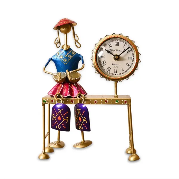 Decorative Sitting Doll With Clock In Metal