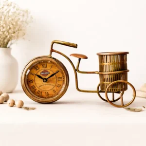 vintage metal cycle pen holder with clock for office desk decor