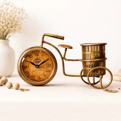 vintage metal cycle pen holder with clock for office desk decor