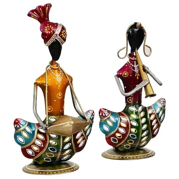 Handpainted Metal Rajasthani Couple Musician's Showpiece Table Decor for Home Decoration, Diwali Gift and Return Gift