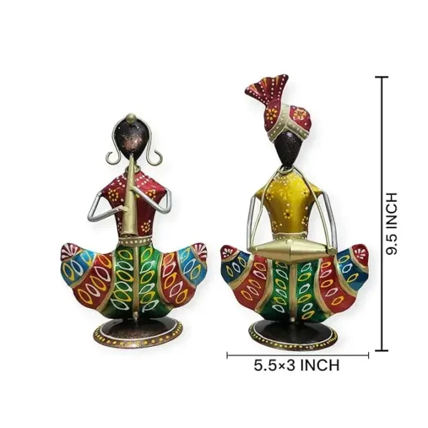 Handpainted Metal Rajasthani Couple Musician's Showpiece Table Decor for Home Decoration, Diwali Gift and Return Gift
