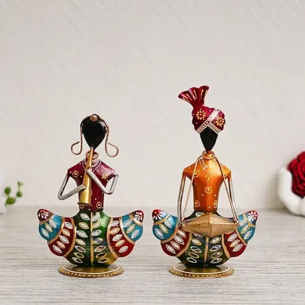 Handpainted Metal Rajasthani Couple Musician's Showpiece Table Decor for Home Decoration, Diwali Gift and Return Gift