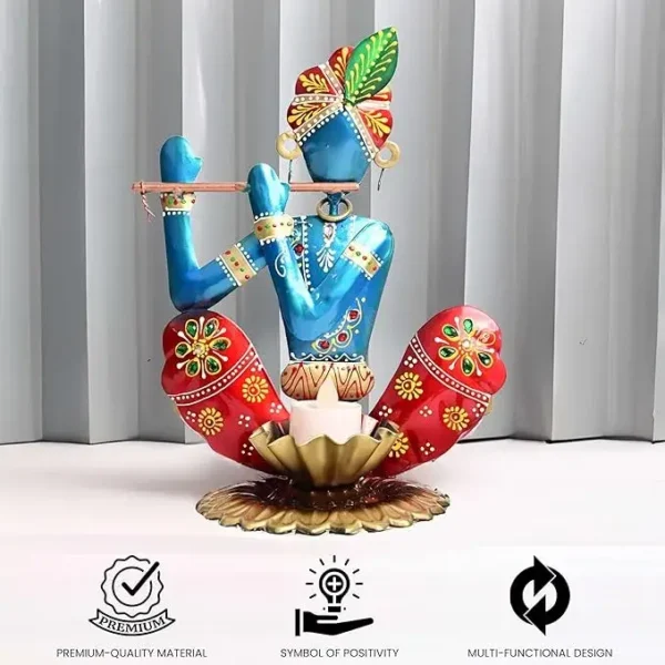 Handcrafted Red & Blue Printed Krishna Tealight Candle Holder Showpiece For Janmasthmi, Home Decoration, Diwali Decor and Festive Ambiance