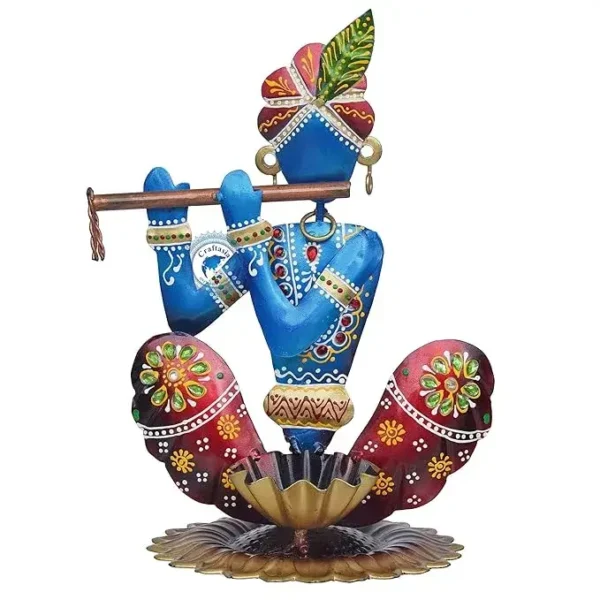 Handcrafted Red & Blue Printed Krishna Tealight Candle Holder Showpiece For Janmasthmi, Home Decoration, Diwali Decor and Festive Ambiance