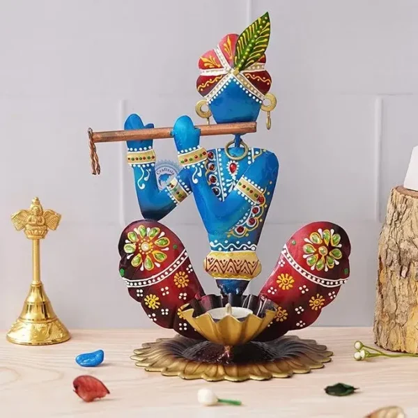 Handcrafted Red & Blue Printed Krishna Tealight Candle Holder Showpiece For Janmasthmi, Home Decoration, Diwali Decor and Festive Ambiance
