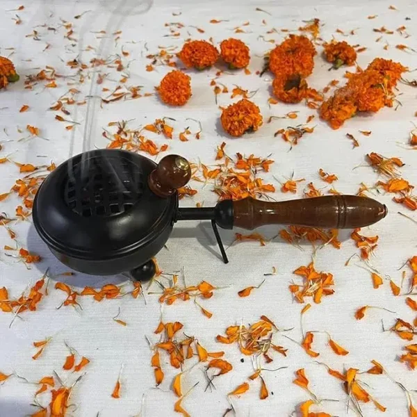 Metal Dhoop Dani Dhuni Loban Burner, Charcoal Incense Burner with Wooden Handle for Temple Puja, Home and Office Decor