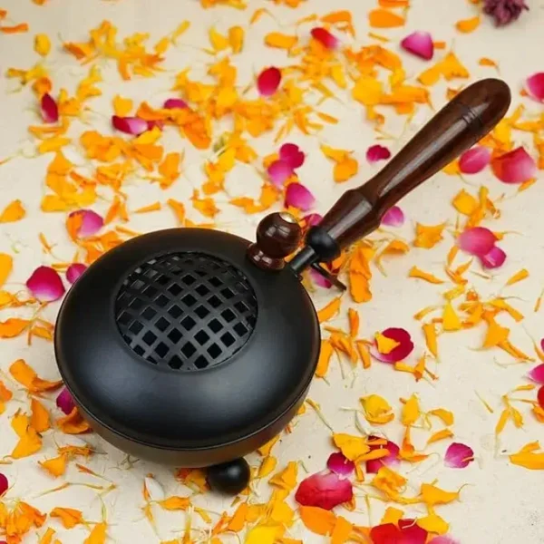 Metal Dhoop Dani Dhuni Loban Burner, Charcoal Incense Burner with Wooden Handle for Temple Puja, Home and Office Decor