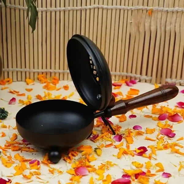 Metal Dhoop Dani Dhuni Loban Burner, Charcoal Incense Burner with Wooden Handle for Temple Puja, Home and Office Decor