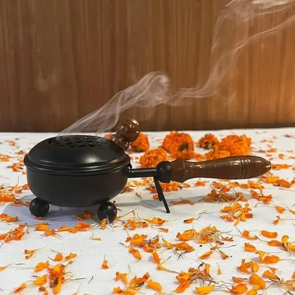 Metal Dhoop Dani Dhuni Loban Burner, Charcoal Incense Burner with Wooden Handle for Temple Puja, Home and Office Decor