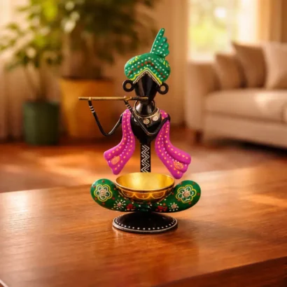 Krishna metal T-light holder for Diwali decor