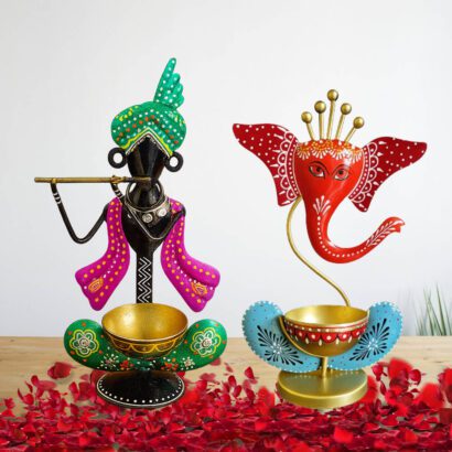 Metal Krishna & Ganesh T-Light Holder Combo