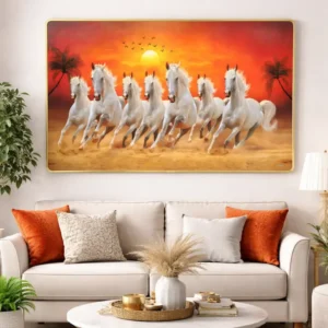 7 running white horses wall decor with sunset background for home decor