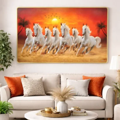 7 running white horses wall decor with sunset background for home decor