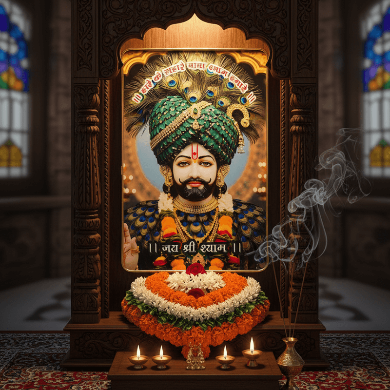 Khatu Shyam Ji Wall Photo Frame | Shyam Baba HD Picture Frame for Home & Temple | Peacock Crown Design Spiritual Wall Decor | Devotional Photo Frame