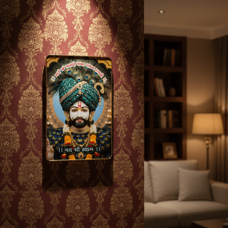 Khatu Shyam Ji Wall Photo Frame | Shyam Baba HD Picture Frame for Home & Temple | Peacock Crown Design Spiritual Wall Decor | Devotional Photo Frame