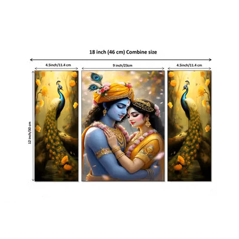 Radha Krishna Wall Painting Set of 3 (18 x 12 inch) | Peacock Theme HD Print Frames | Premium Spiritual Wall Decor for Living Room, Bedroom & Home Temple