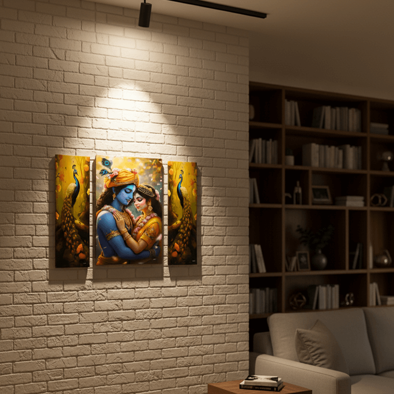 Radha Krishna Wall Painting Set of 3 (18 x 12 inch) | Peacock Theme HD Print Frames | Premium Spiritual Wall Decor for Living Room, Bedroom & Home Temple