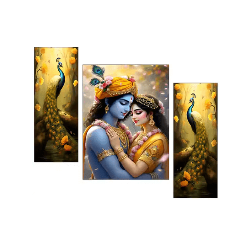 Radha Krishna Wall Painting Set of 3 (18 x 12 inch) | Peacock Theme HD Print Frames | Premium Spiritual Wall Decor for Living Room, Bedroom & Home Temple