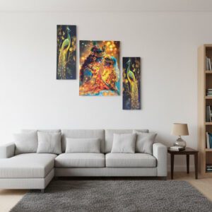 Radha Krishna Wall Painting Set of 3 | Premium HD Art Prints with Golden Peacock Frames | Spiritual Wall Decor for Living Room, Bedroom & Home Temple (Multicolor)