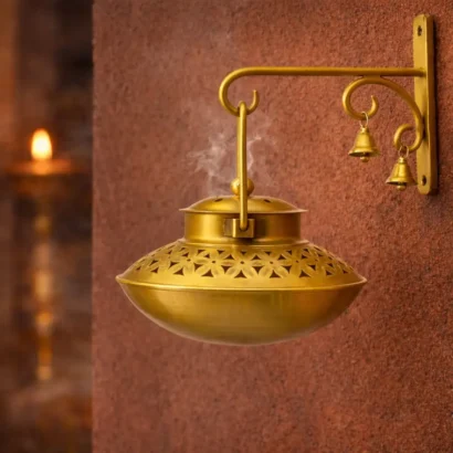 Handcrafted Brass Hanging Dhoop Dani Incense Burner with Bells