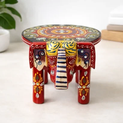 red hand painted wooden elephant chowki for mandir