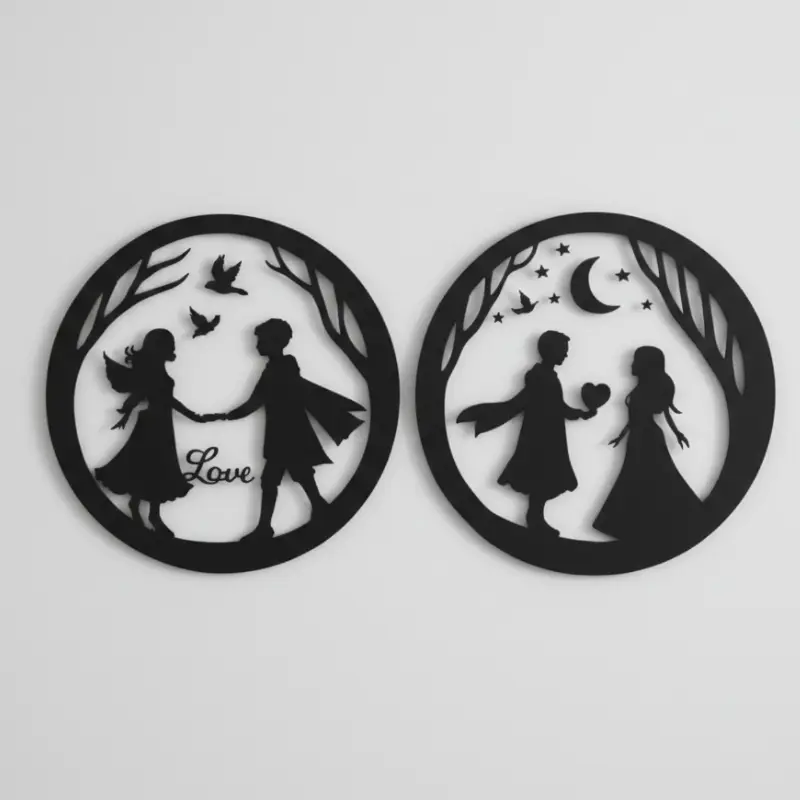 Romantic Couple Love Wall Decor Set of 2 | Round Silhouette Wall Art for Bedroom & Living Room