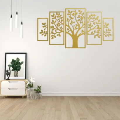 Five panel golden tree wall art for bedroom