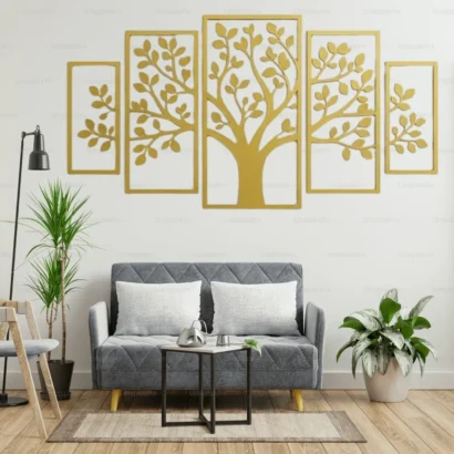 Golden tree wall art 5 panel design for home decor