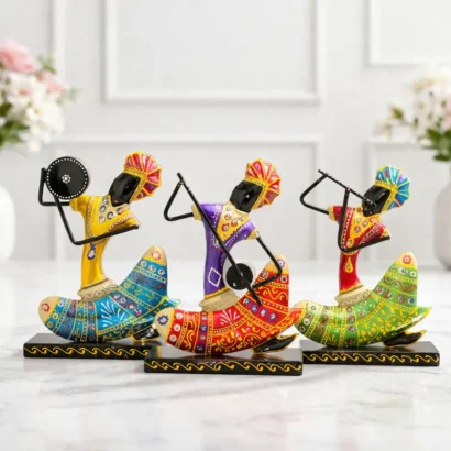 Rajasthani musician figurines set of 3 colorful showpiece
