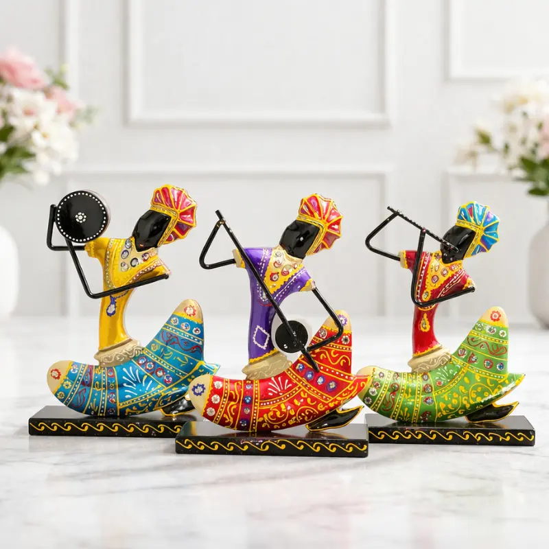 Rajasthani musician figurines set of 3 colorful showpiece