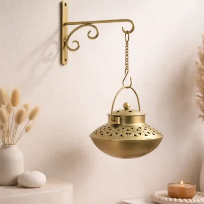 Hanging lantern with wall hook antique brass finish