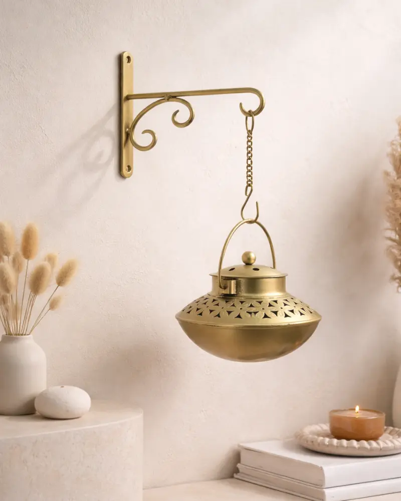 Hanging lantern with wall hook antique brass finish
