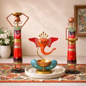 ganesh diya and tribal leady candle holder set